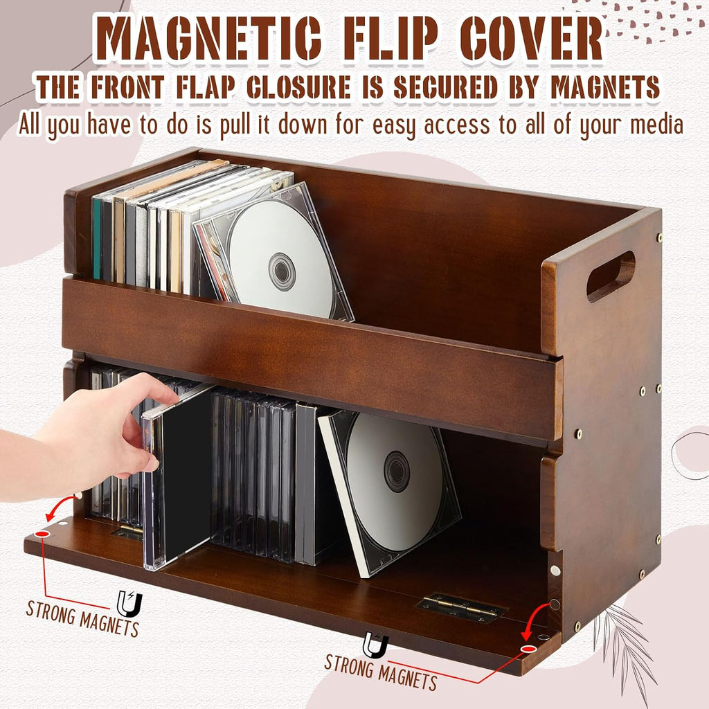 CroBlissful 2-Tier Wooden CD Storage Holder, Classic Brown CD Display Shelf Rack with Carrying Handles, CDs Organizer for DVDs, Movie Cases and Cassette Tapes, Holds up to 72 CDs
