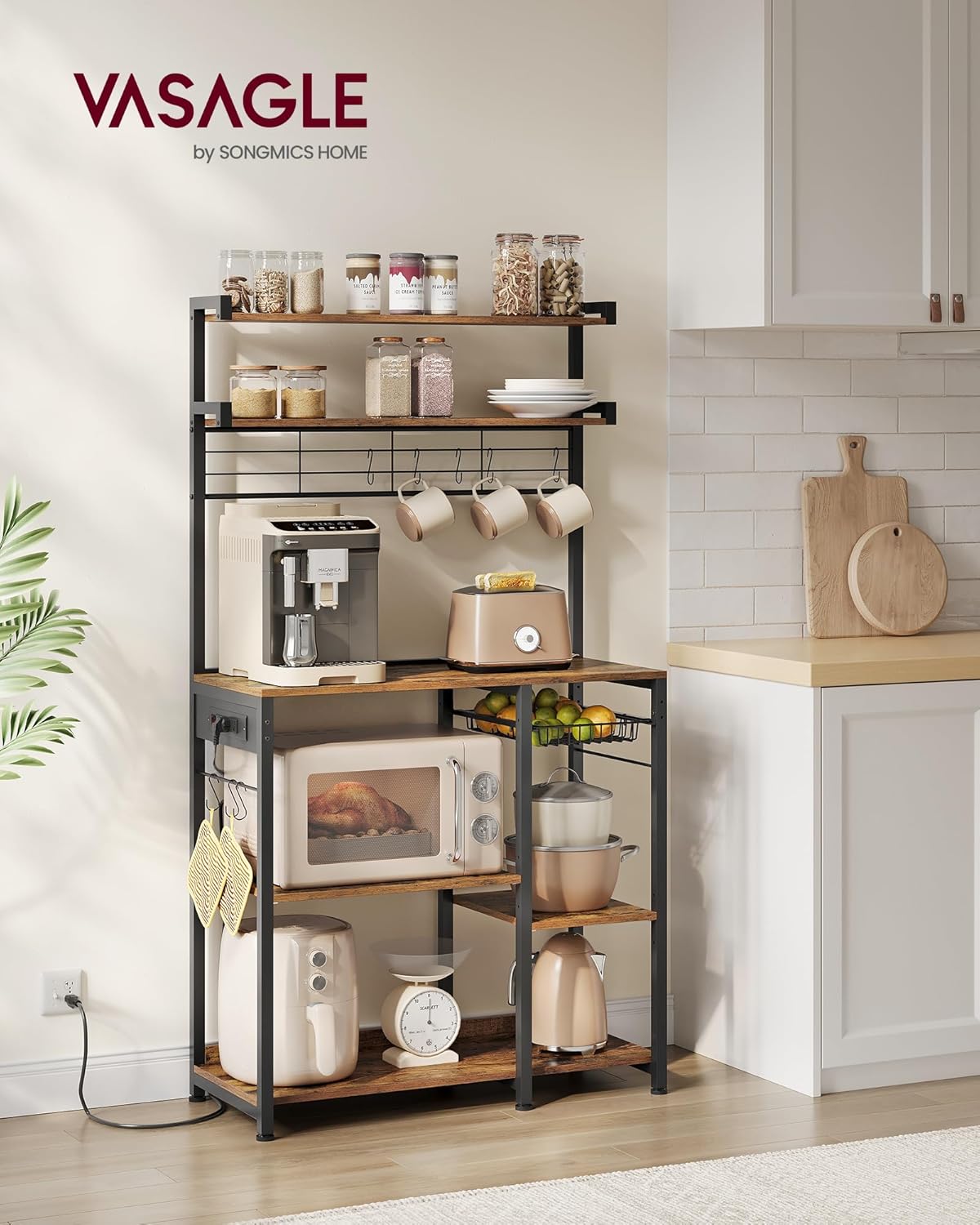 VASAGLE Bakers Rack with Power Outlet, 35.4 Inches Microwave Stand, Coffee Bar, 4 AC Outlets, with Adjustable Shelves, 8 S-Hooks, Basket, Spice Racks, Rustic Brown and Ink Black UKKS031K01