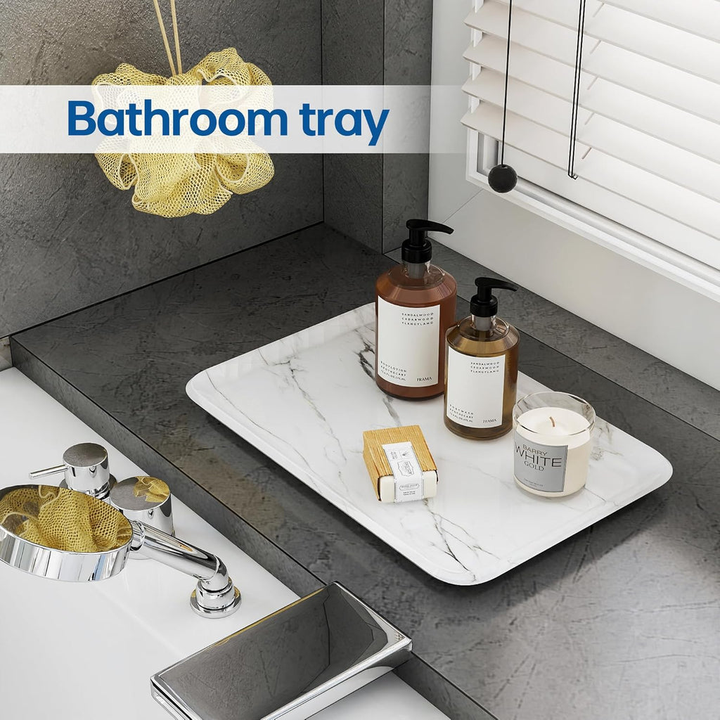 Vanity Decorative Tray, 12" x 8" White Marble Pattern Perfume Tray, Bathroom & Countertop Organizer for Soap, Jewelry, Candle