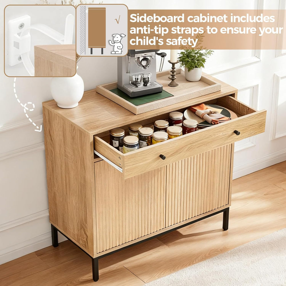 31 inch Sideboard Buffet Cabinet with Drawer, Modern Fluted Credenza with 2 D...