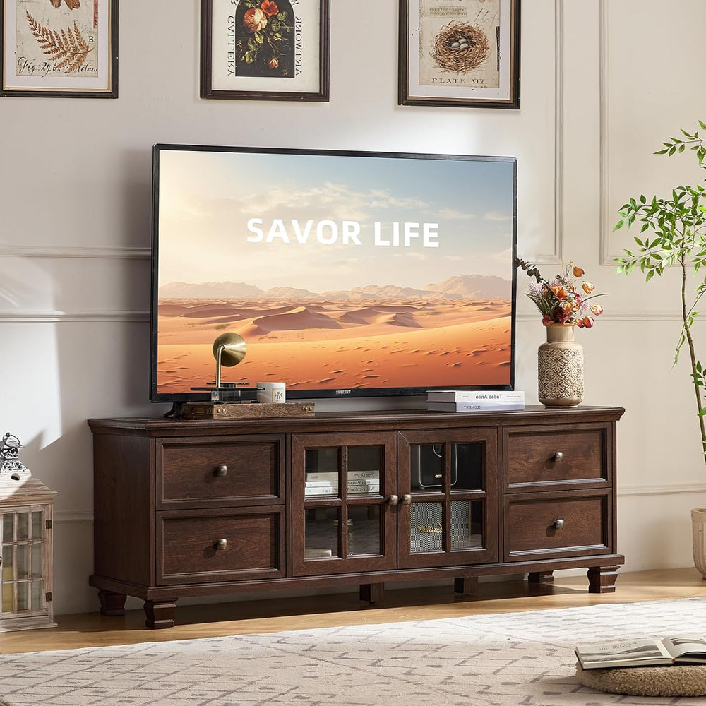 SAVOR LIFE Farmhouse TV Stands for Living Room, Walnut | Heavy-Duty Rustic En...