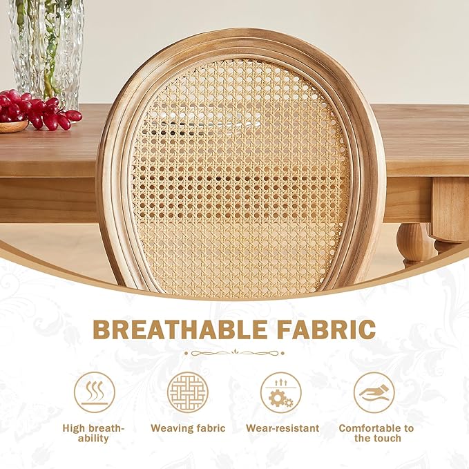 Nrizc French Country Dining Chairs Set of 4, Farmhouse Fabric Chairs with Round Back, Woven Rattan Dining Chair, Oval Side Chairs for Dining Room/Living Room/Kitchen/Restaurant