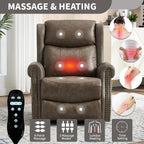 Genuine Leather Recliner Chair for Adults, Manual Swivel Rocker Glider Rocking Chair with Vibration Massage Lumbar Heat for Nursery, Rivet Design Single Sofa Chair for Living Room - Gray Brown