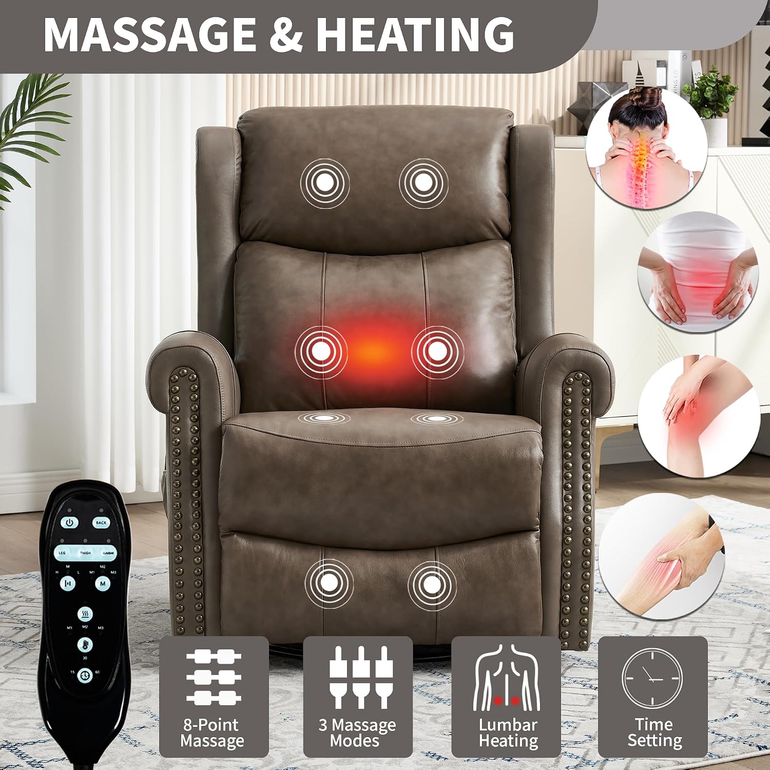 Genuine Leather Recliner Chair for Adults, Manual Swivel Rocker Glider Rocking Chair with Vibration Massage Lumbar Heat for Nursery, Rivet Design Single Sofa Chair for Living Room - Gray Brown