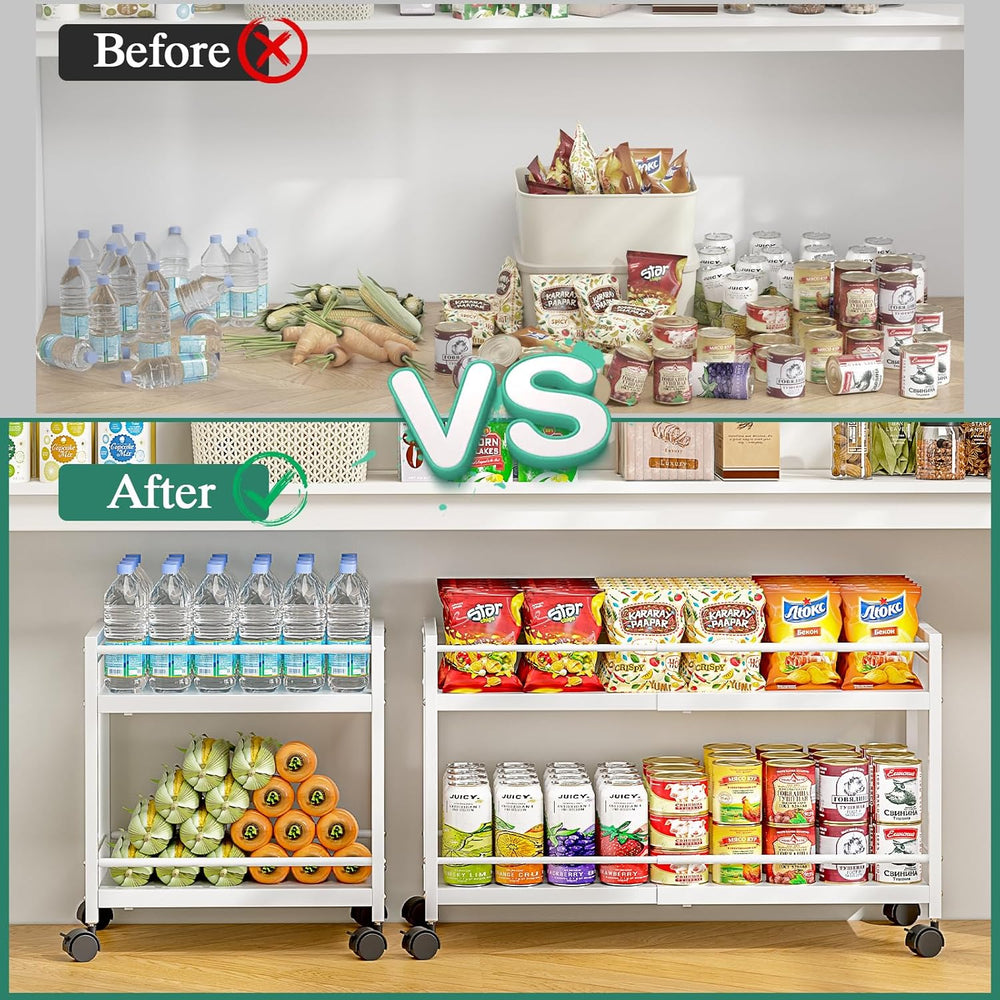 2-Tier Expandable Rolling Pantry Cart with Wheels, Adjustable Floor Organizer...