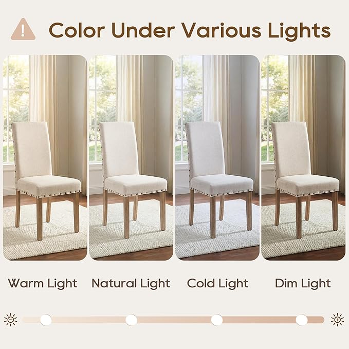 Upholstered Dining Chair Modern Stylish Parsons Kitchen Diner High Back with Bronze Nailhead Trim & Wood Legs, Set of 4, Beige