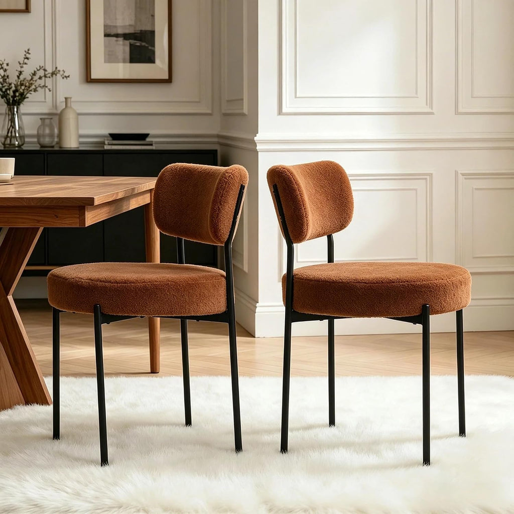 Boucle Dining Chair Set of 2, Mid Century Modern Upholstered Kitchen Chairs with Curved Backrest & Black Metal Legs, Round Dining Room Chairs, Brown
