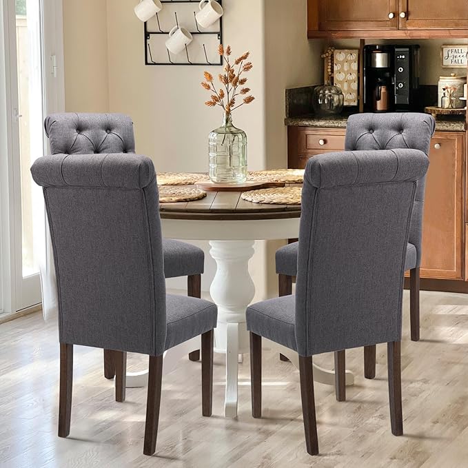 Tufted Dining Chairs Set of 6, Upholstered Parsons Dining Room Chairs, Fabric Kitchen Side Chair with Wood Legs, Dark Grey