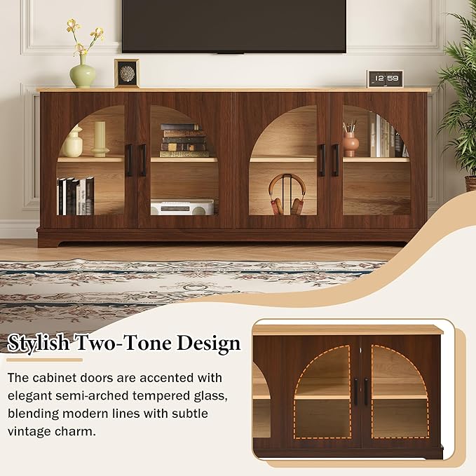 Farmhouse TV Stand with Adjustable Shelves for TVs up to 70'', Entertainment Center with Semi-Arched Glass Doors, Wood Grain Sideboard with Cable Management for Living Room, Walnut
