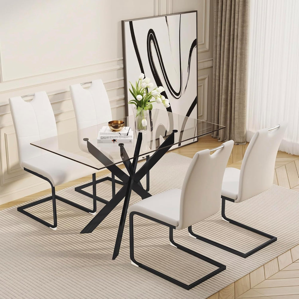 51" 5-Piece Glass Dining Table Set for 4, White&Black