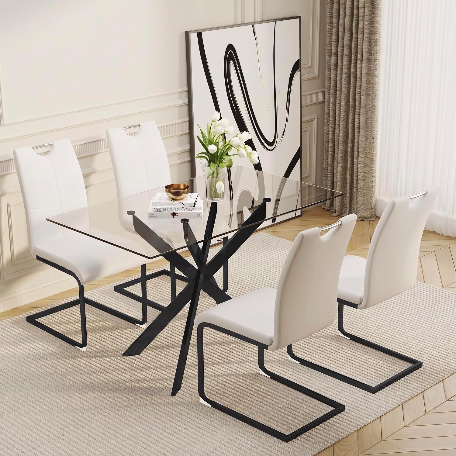 51.18" W Glass Dining Table Set for 4, Modern Rectangular Glass Kitchen Table with Black Metal Legs, 4 PU Leather Chairs with Black Legs, for Dining Room, Home -White