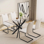 51.18" W Glass Dining Table Set for 4, Modern Rectangular Glass Kitchen Table with Black Metal Legs, 4 PU Leather Chairs with Black Legs, for Dining Room, Home -White