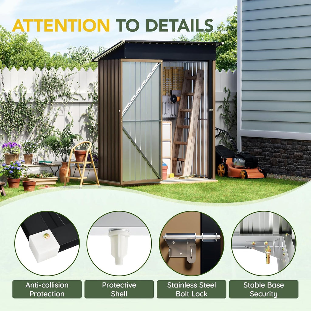 5x3FT Vertical Outdoor Steel Storage Shed, Lockable Doors, Compact Metal Tool Shed for Garden, Backyard, Patio, Utility, and Bike Storage,Brown