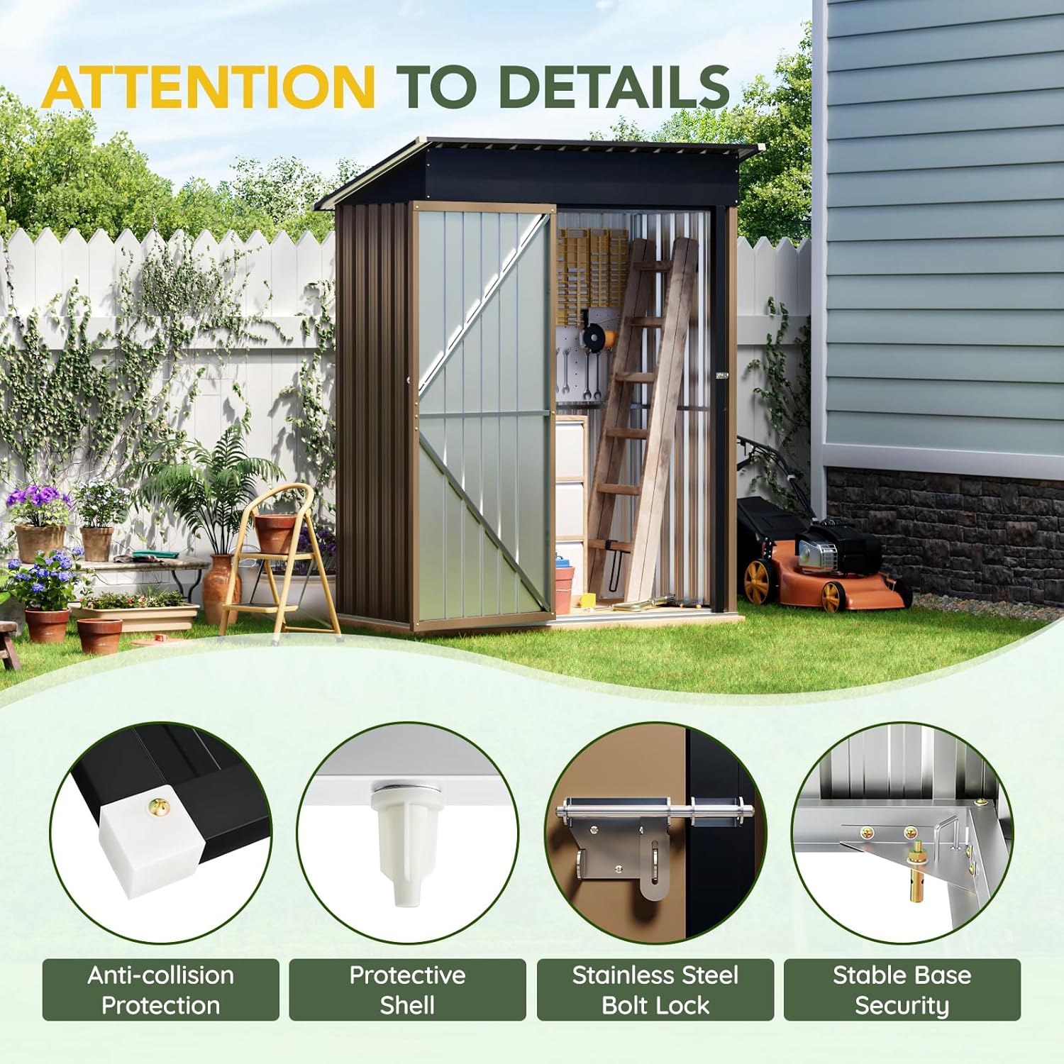 5x3FT Vertical Outdoor Steel Storage Shed, Lockable Doors, Compact Metal Tool Shed for Garden, Backyard, Patio, Utility, and Bike Storage,Brown