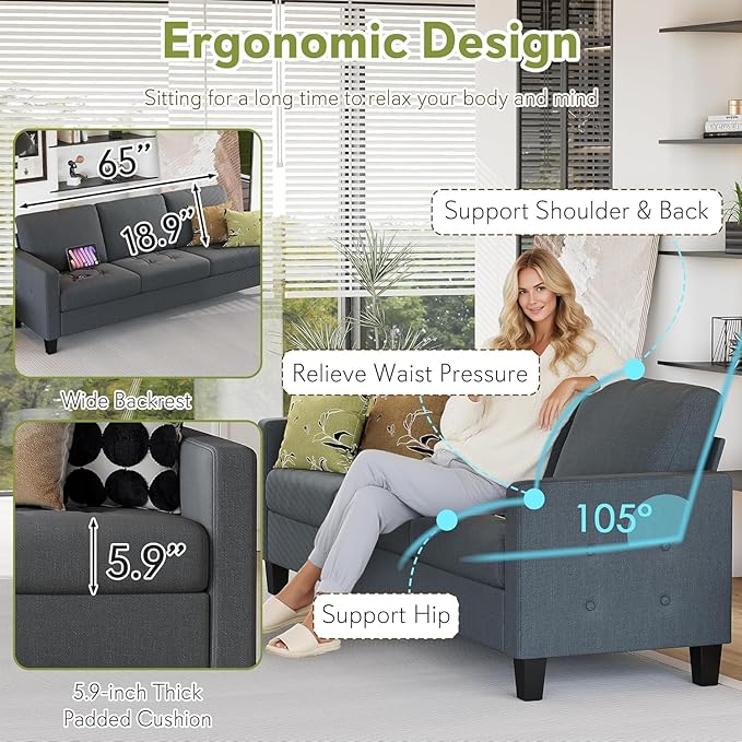 STHOUYN 73" W 3 Seater Sofa Couch with USB Ports, Grey Comfy Couches for Small Spaces, Mid Century Modern Couch Loveseat for Living Room, Apartment, Bedroom (Dark Grey)