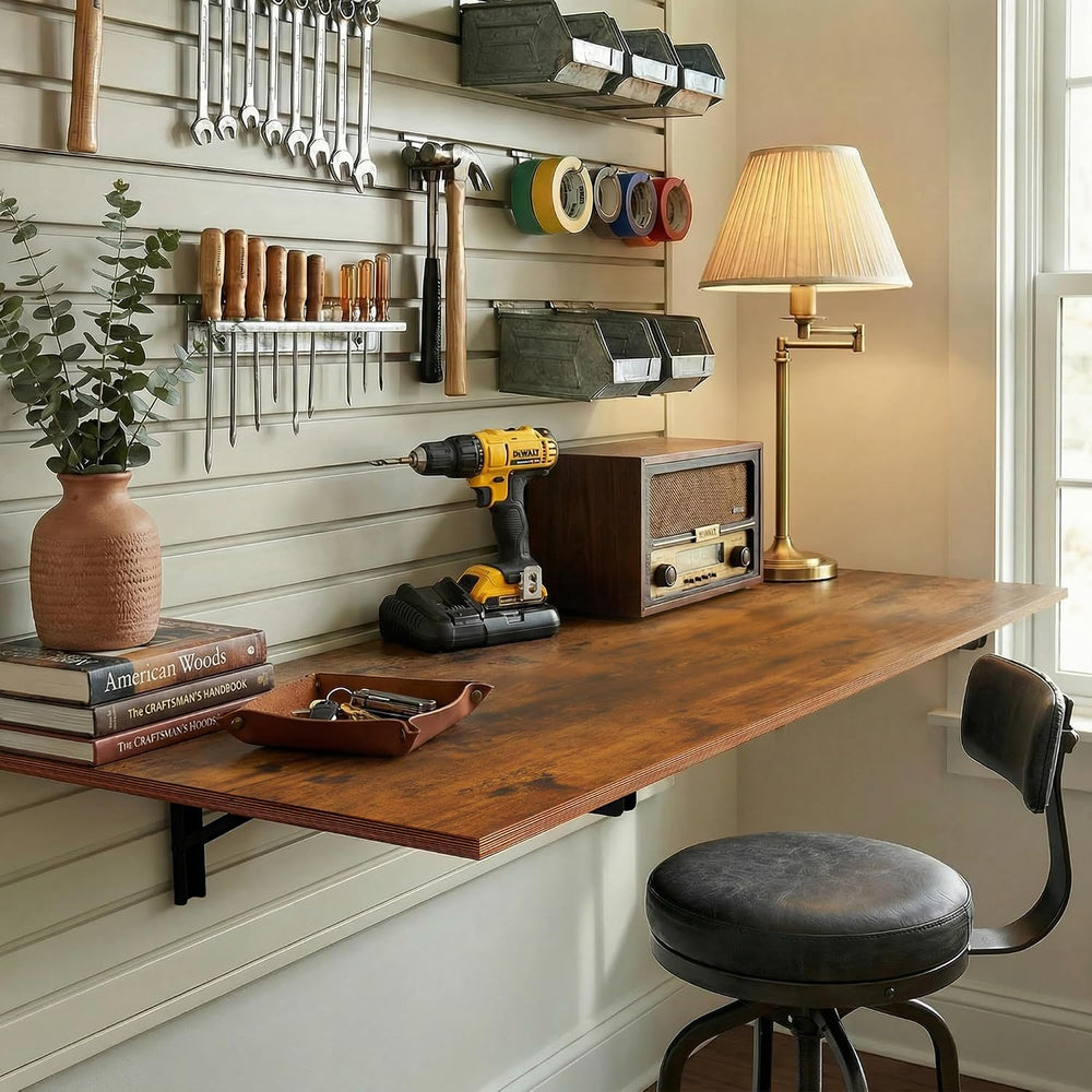 GOYLSER Wall Mounted Folding Table for Office, Rustic Brown Fold Down Desk La...