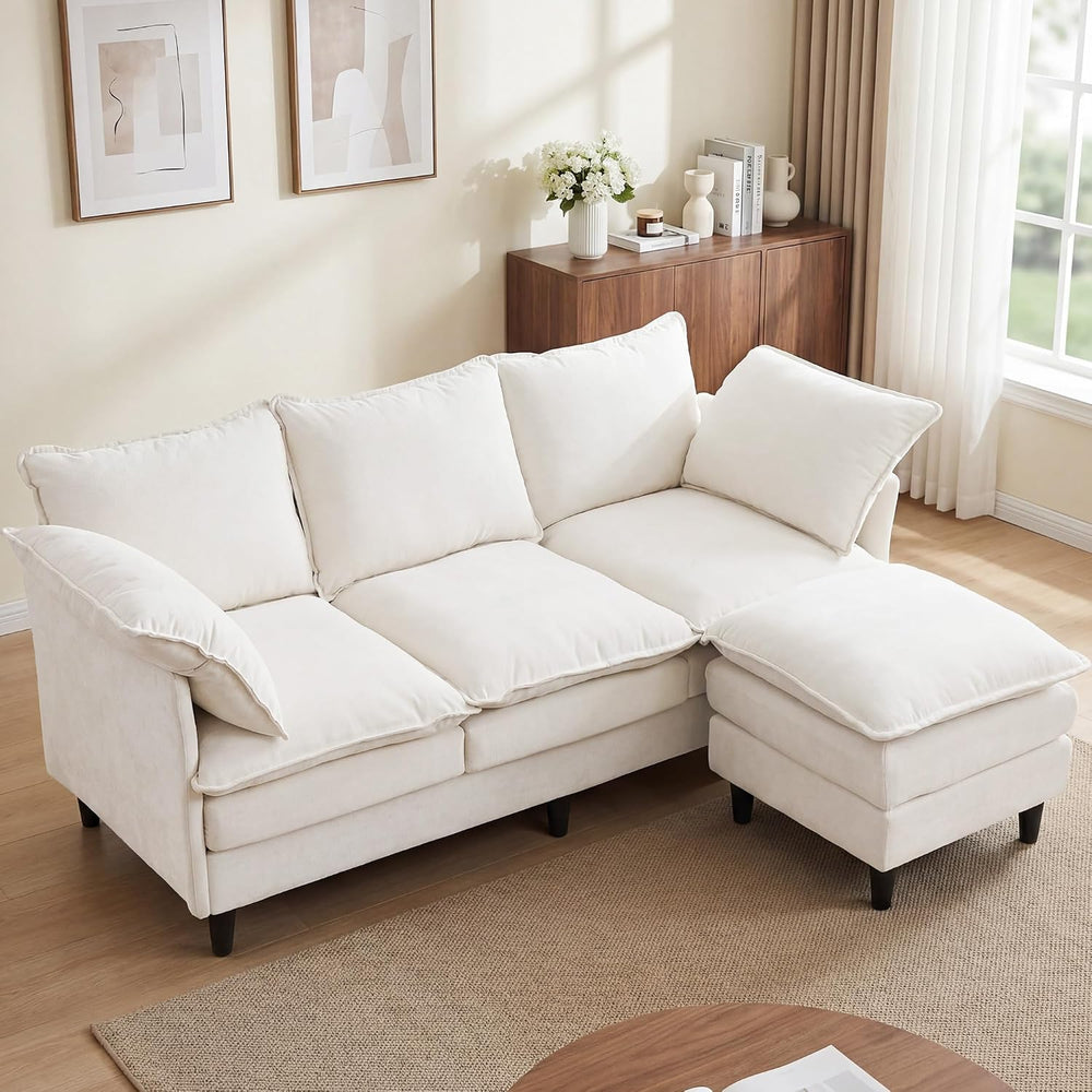 69" Couch Sofa L-Shape 3 Seat with Ottoman, Small Cloud Sofa Double-Laye...