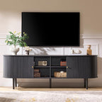 AMERLIFE 70" Mid-Century Modern TV Stand, TV Console Table for TVs up to 80 Inch, Fluted Wood Media Console with Storage, Solid Wood Legs, Embossed Black