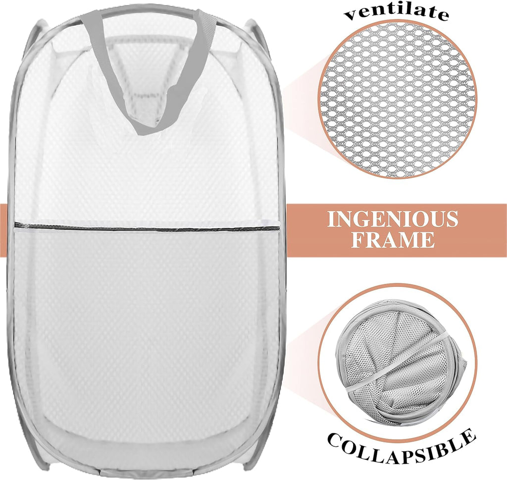 Collapsible Pop Up Laundry Hamper, Extra Large Mesh Foldable Laundry Basket, 28" x 16" x 16" (Grey)