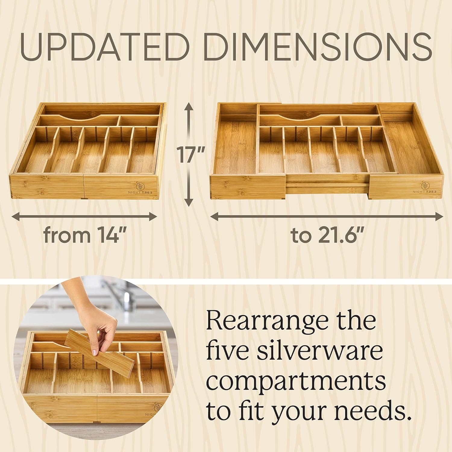 Night Tree Deep Bamboo Drawer Organizer – Expandable Utensil and Silverware Tray for Kitchen Cutlery and Flatware, Large Size (21.6" or 13.7" x 17" x 2.5")