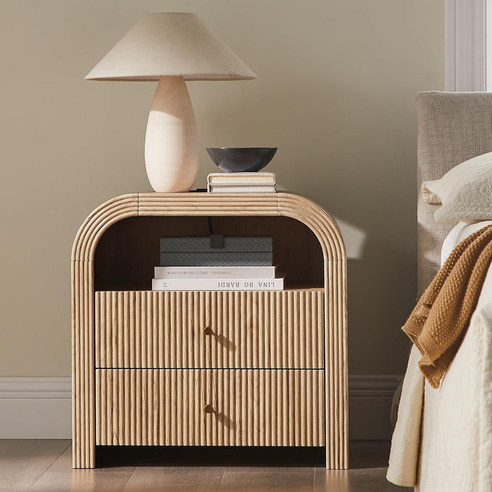 T4TREAM 24" Fluted Nightstand Set of 2 with Charging Station, Natural Oak | 2-Drawer Bedside Table, Modern End Table with Storage for the Bedroom or Living Room, Thickened frame, Rounded Silhouette