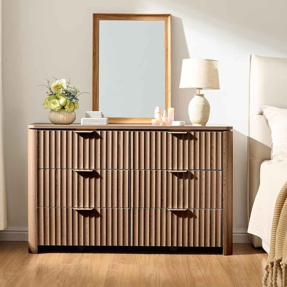 Fluted 6 Drawers Dresser for Bedroom-47.3" Wide Wooden Chest of Drawers ...