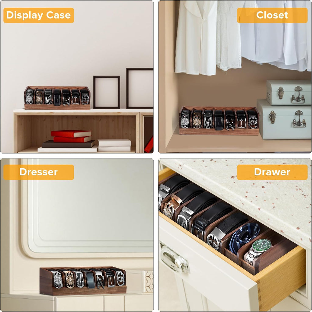 Belt organizer, 7 compartment belt holder belt hanger closet and belt organizer for drawer,belt rack, belt storage organizer, belt hangers for men and women (Acacia wood)