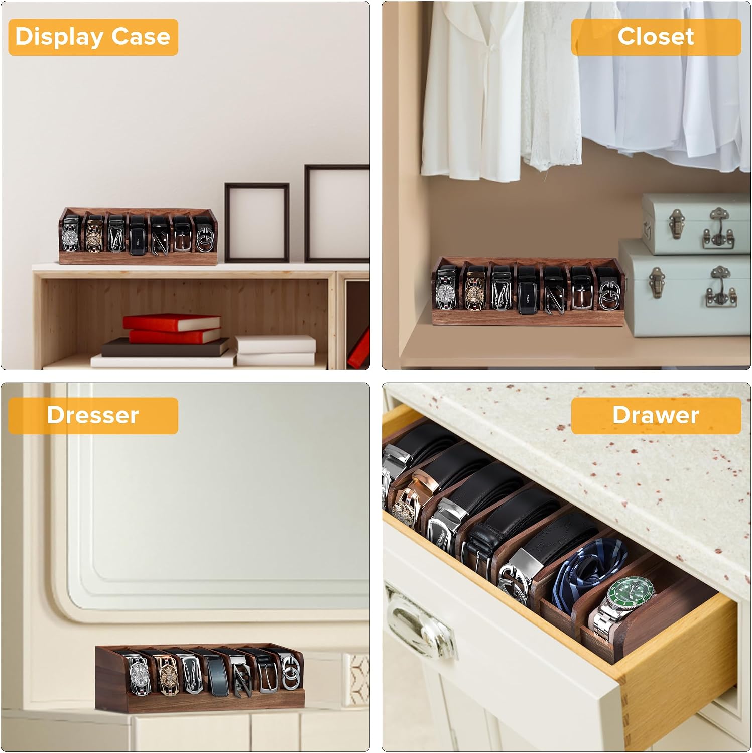 Belt organizer, 7 compartment belt holder belt hanger closet and belt organizer for drawer,belt rack, belt storage organizer, belt hangers for men and women (Acacia wood)