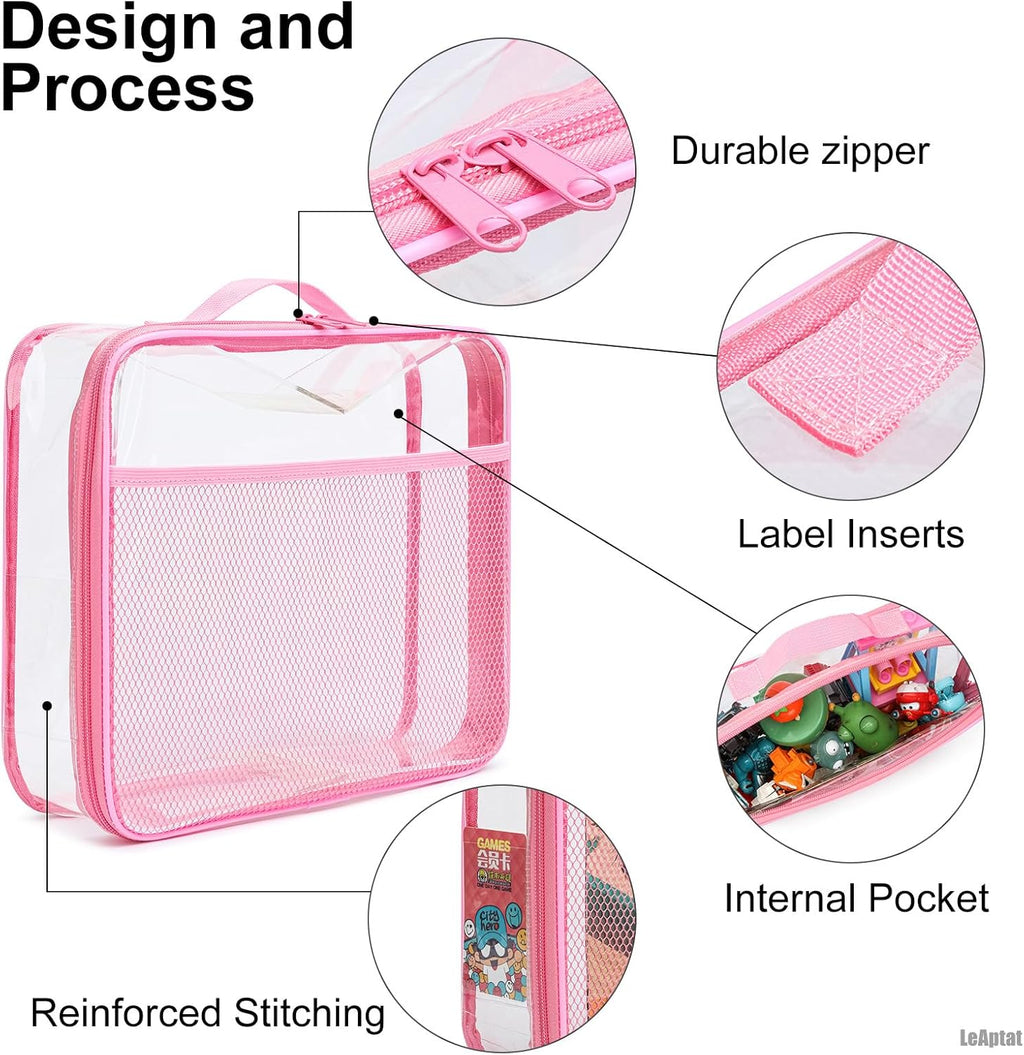 4 Pack Clear PVC Waterproof Toy Storage Bags with Name Tag Pockets - Zippered Organizer for 2x4 Building Blocks, Puzzles, Travel Toiletries, Kids Room Organization, With Name Tag Pocket (Pink, Large)
