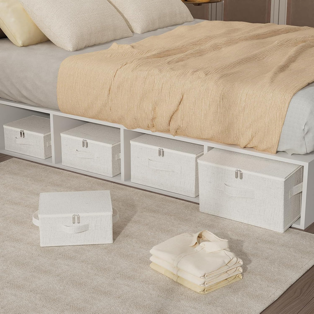 Underbed Storage Baskets with Lids,14.9x10.2x5.9in,Beige,1 Pack | Storage Boxes with Soft Cloth Handles,Thick PP Sheet Wardrobe Containers,Washable Drawer Organizer,Under Bed Bins for closet