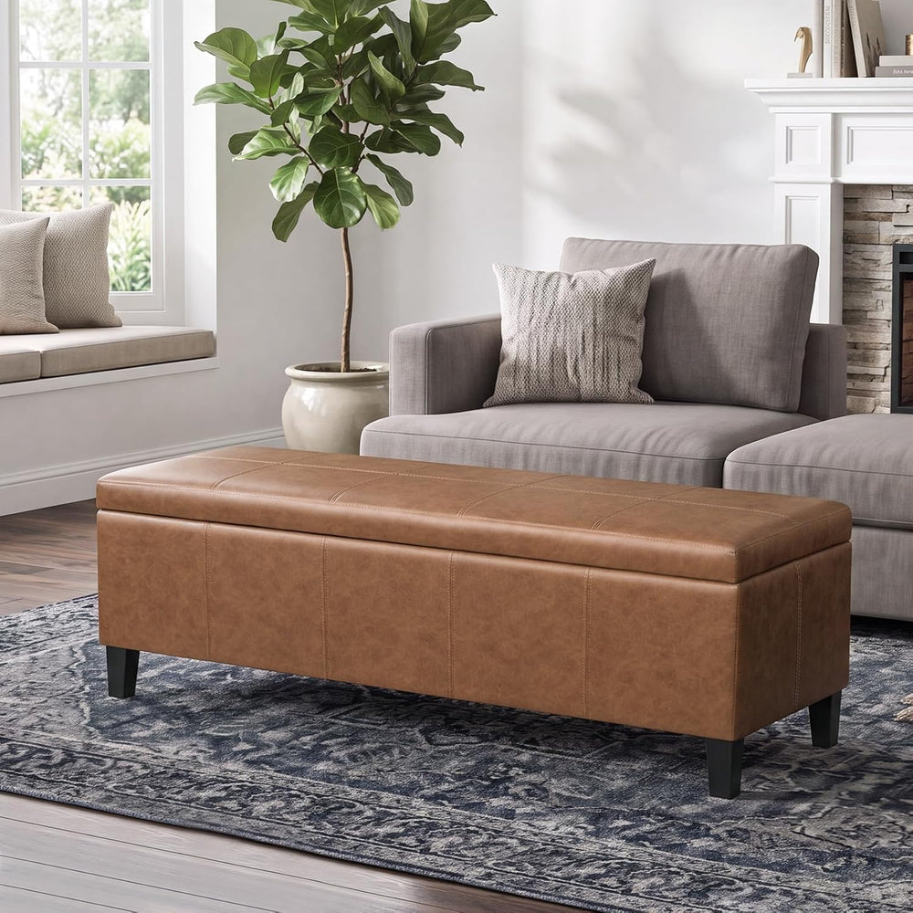 Faux Leather Storage Bench Ottoman, 50 Inch Upholstered Storage Bench with La...