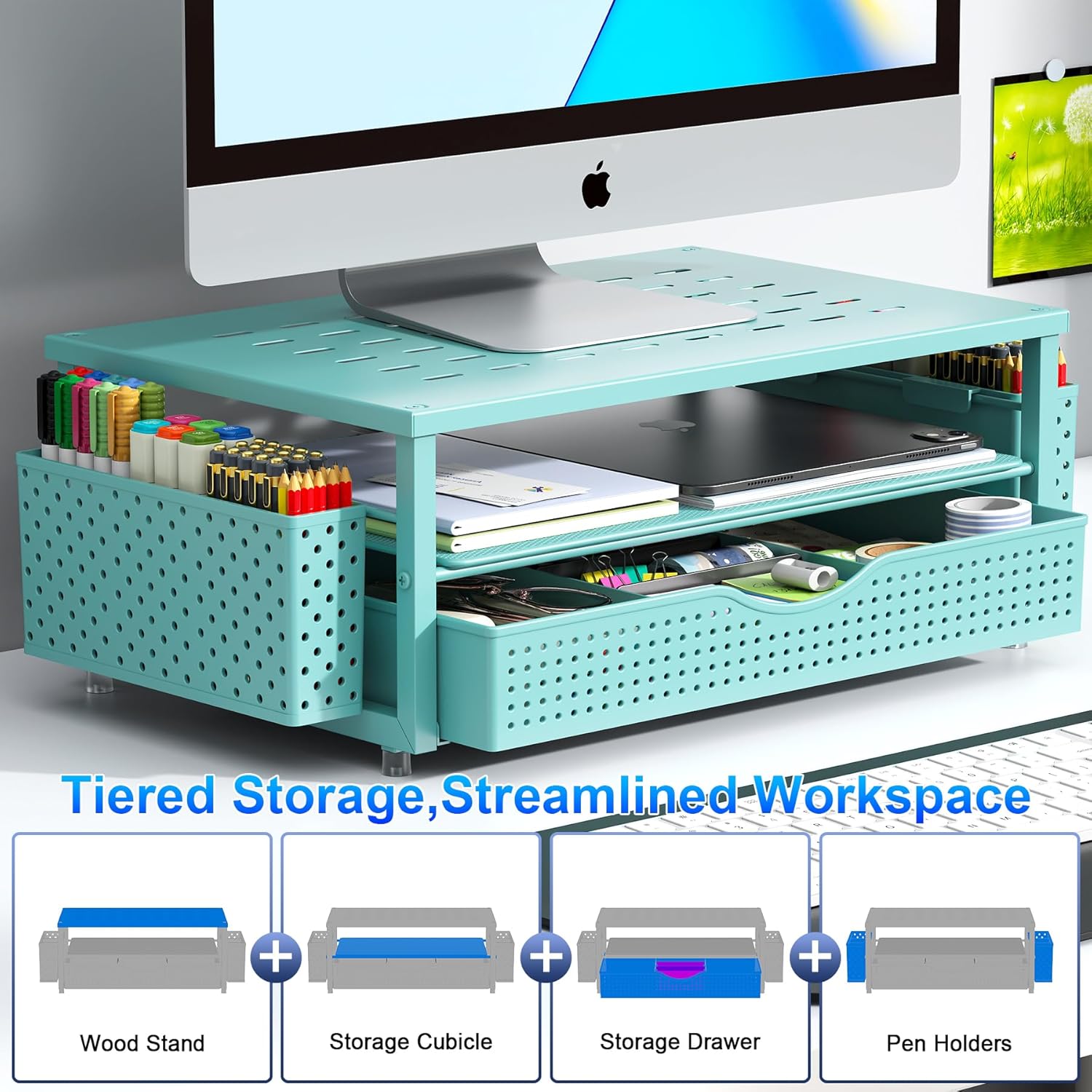 gianotter Desk Organizers and Accessories, Monitor Stand with Drawer and 2 Pen Holder, Desktop Organizer Suitable for Offices and Dormitories (Blue)