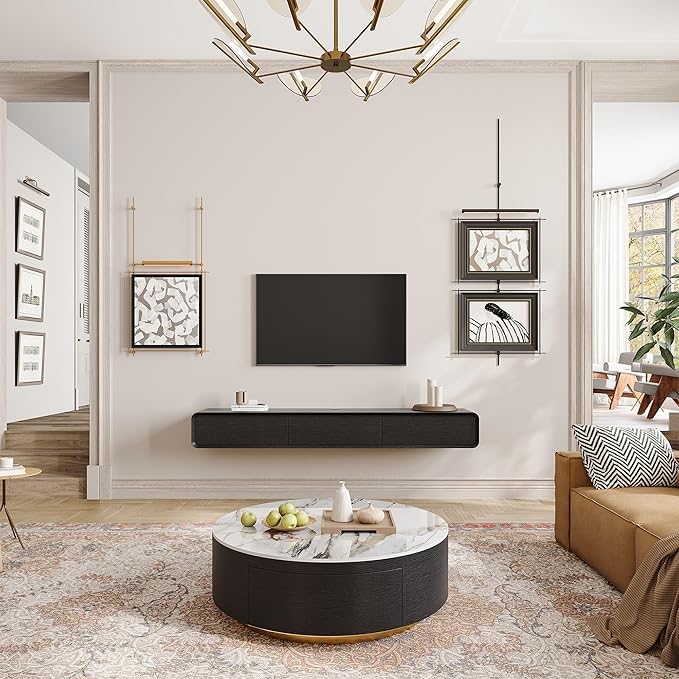POVISON Fully-Assembled Minimalist Floating TV Stand, Modern Wall-Mounted Entertainment Center with 3 Flip-Down Cabinet Doors, Solid Wood, Black Oak, 78"