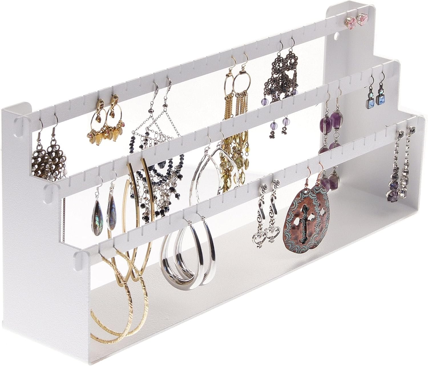 Angelynn's Freestanding or Wall Mounted Earring Holder Organizer Display for Small and Medium Post Stud Dangle Pierced Earrings, Hanging Closet Jewelry Storage Rack, Daelyn White 6" x14 1/2"