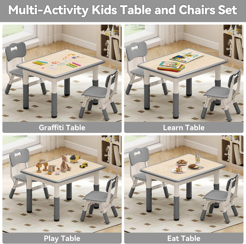 GITAWUSA Kids Study Table and Chairs Set, Height Adjustable Toddler Table and Chair Set for Kids Ages 3-8, 31.5" L x 23.6" W Graffiti Desktop Plastic Children Art Table with 2 Seats, Grey
