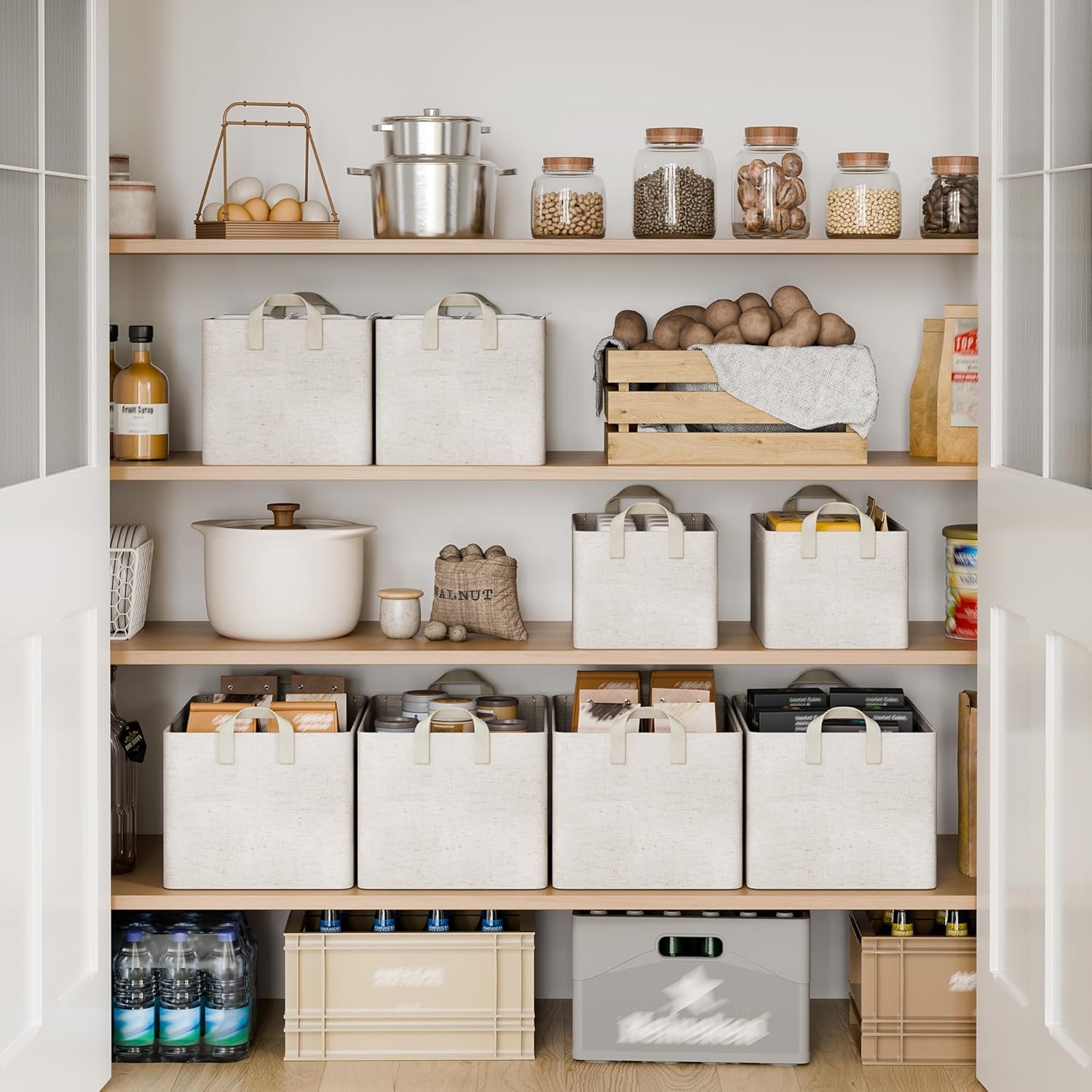 StorageWorks Storage Bins, Shelves Baskets for Organizing, Large Fabric Closet Organizers with Handles, Metal Frame, Beige（Cotton-linen）, 2-Pack