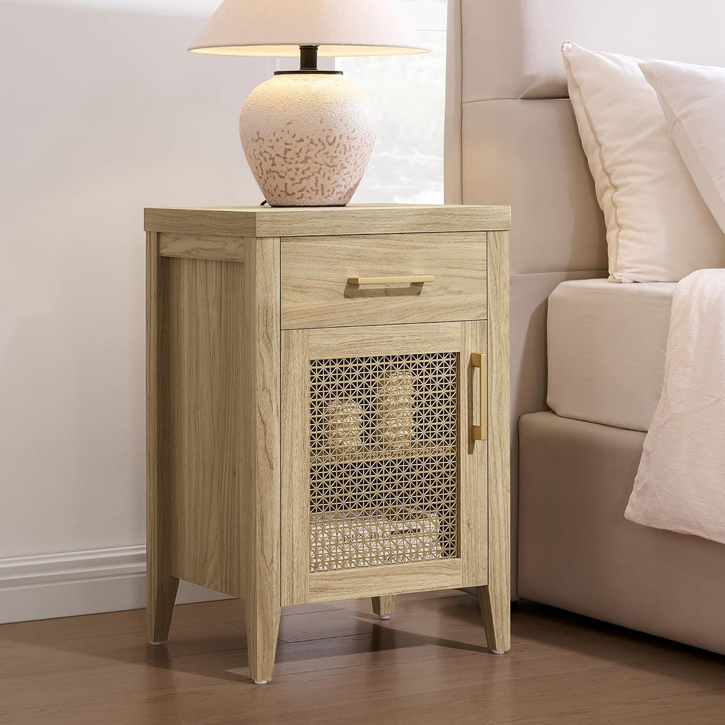 SICOTAS Tall Nightstands Set of 2 with Drawer - Farmhouse Night Stand | Bedside Tables with Storage, Wooden End Tables with Metal Mesh Door and Adjustable Shelf for Bedroom, Light Walnut