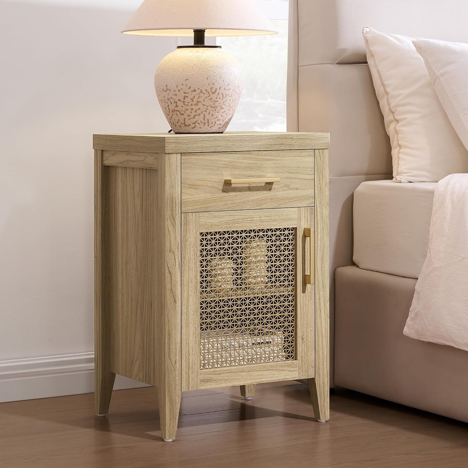 SICOTAS Tall Nightstands Set of 2 with Drawer - Farmhouse Night Stand | Bedside Tables with Storage, Wooden End Tables with Metal Mesh Door and Adjustable Shelf for Bedroom, Light Walnut