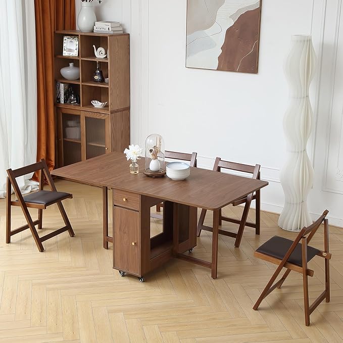 Walnut Drop Leaf Folding Dining Table with 2 Drawers and 4 Wheels, Wooden Padded Chairs Set of 2, Space Saving Dining Table with 2 Chairs