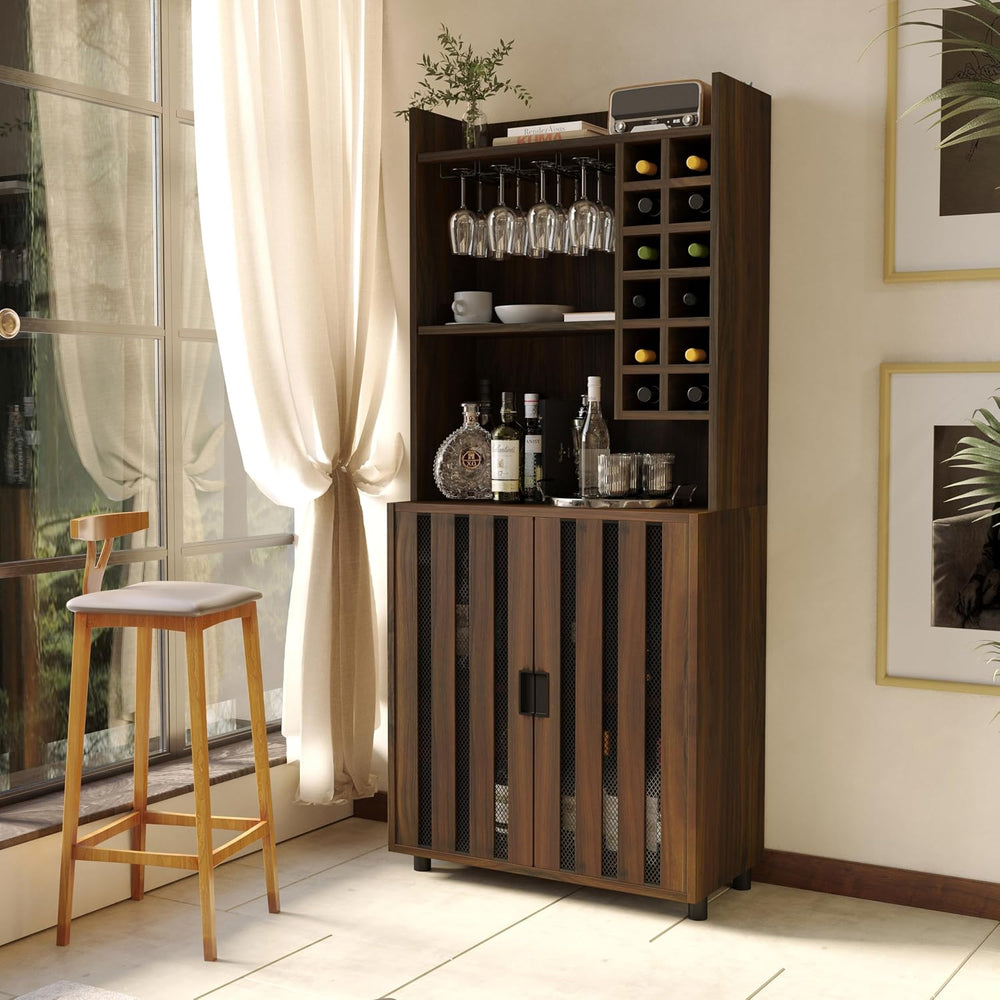 71" Kitchen Pantry Cabinet with 12 Wine Bottle Racks, Kitchen Hutch Food...