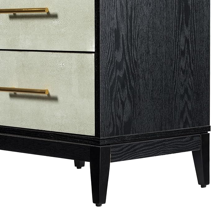 Sango Shagreen 2-Drawer Nightstand, Modern Black Bedside Table with Gray Faux Shagreen Drawer Fronts, Brass Handles, Sturdy Legs, Elegant Storage for Contemporary & Luxury Homes