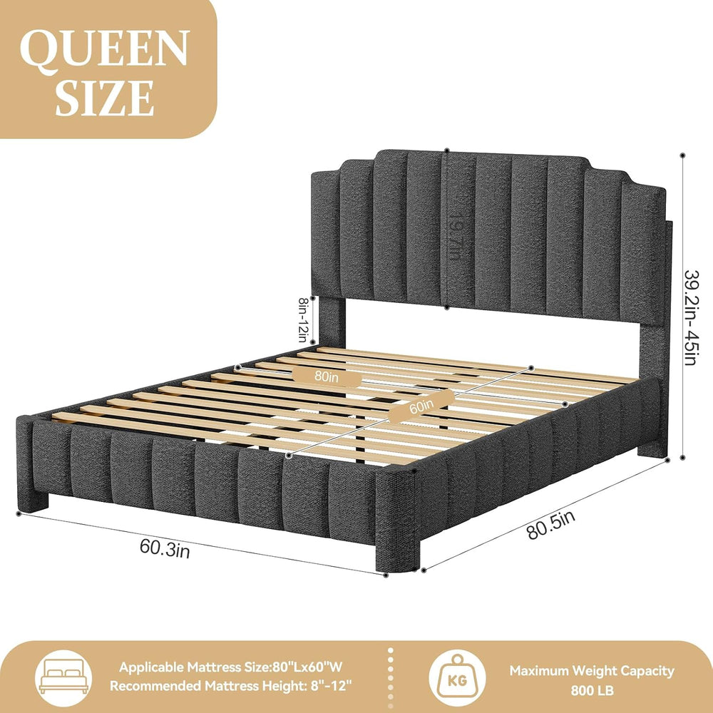 Queen Bed Frame with Adjustable Headboard, Boucle Queen Size Bed Frame
