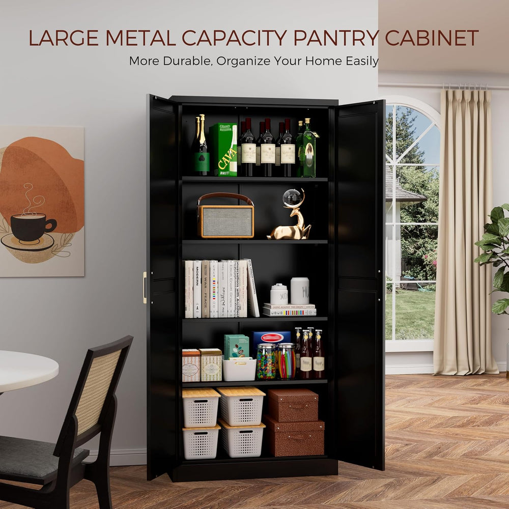 71" Tall Metal Pantry Cabinet, Black Kitchen Pantry Storage Cabinet with...