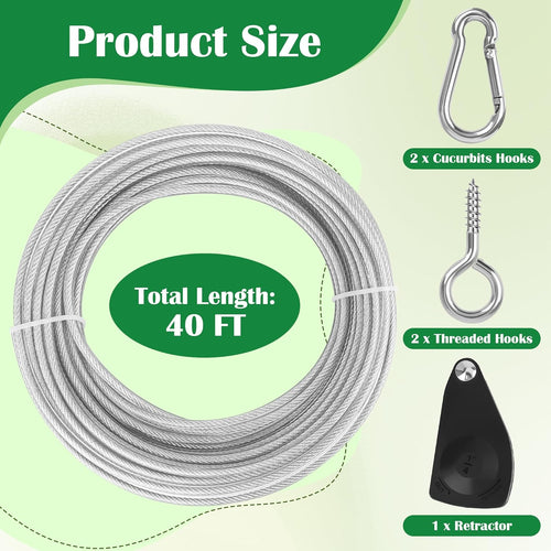 40 FT Clothes Line Outdoors, Anglecai 3/16" Retractable Wire Clothes Ropes PVC Coating Laundry Clothesline with Retractor for Outdoors Camping