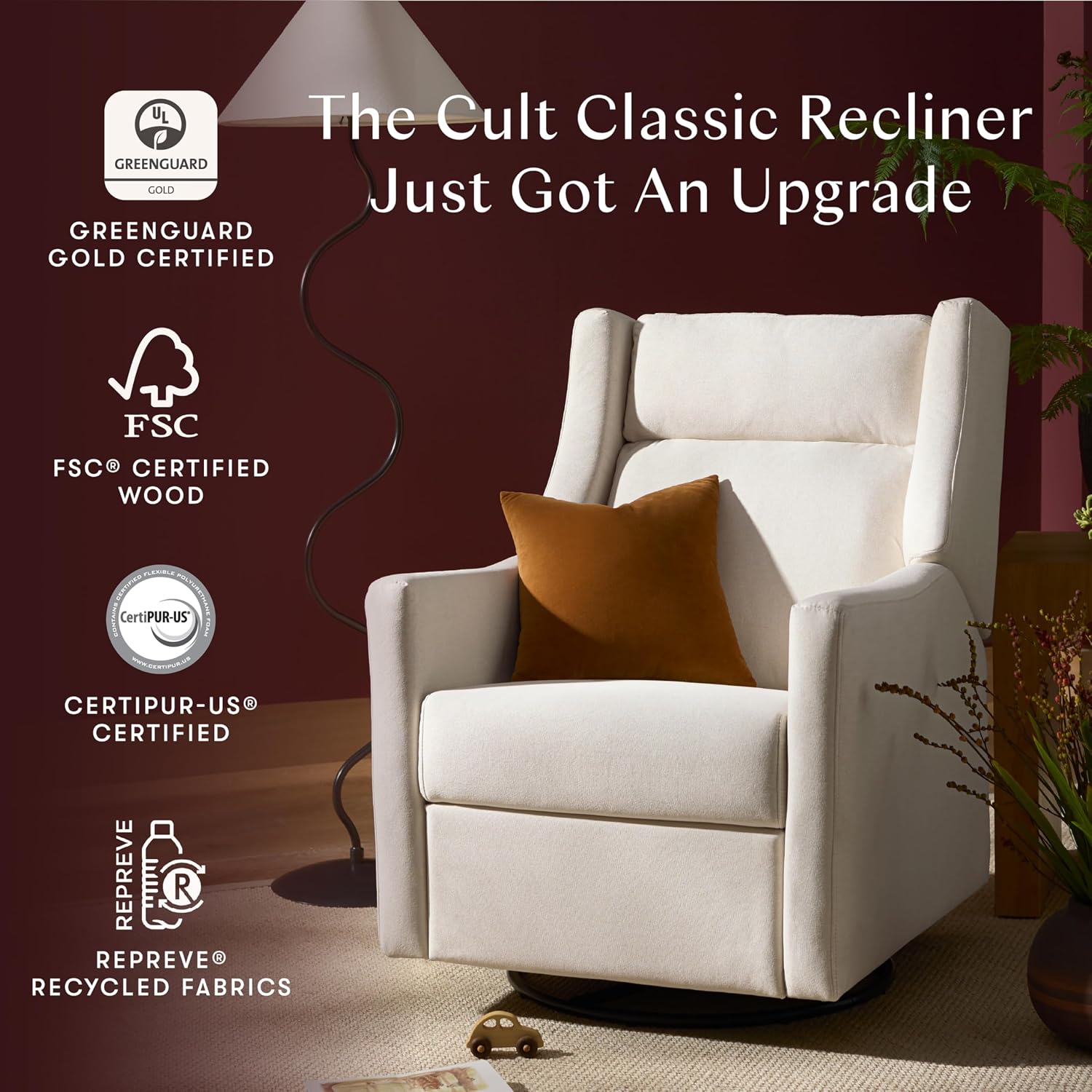 Babyletto Kiwi Plus Electric Recliner Glider in Performance Cream Eco-Weave | GREENGUARD Gold & CertiPUR-US Certified - Power Recliner Rocking Nursery Chair w/ USB Ports - 270° Swivel
