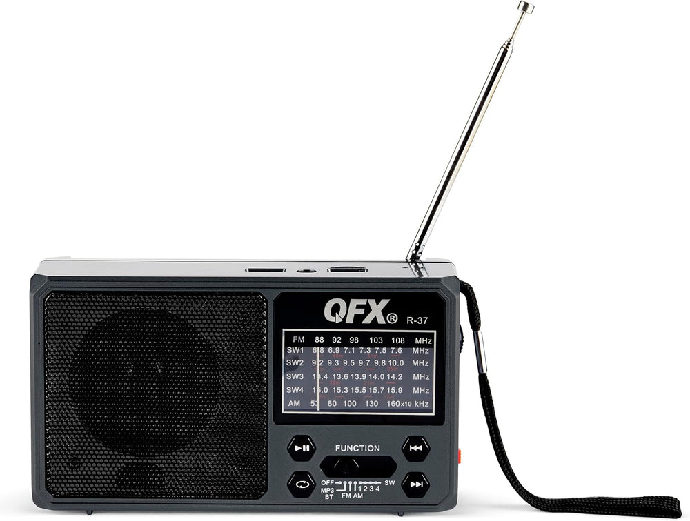 QFX R-37 6-Band (AM, FM, SW1 - SW4) Bluetooth LED Flashlight Solar Radio (202...