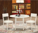 East West Furniture SUAD3-LWH-LC 3 Piece Dining Set Contains a Round Dining Room Table with Dropleaf & Shelves and 2 Faux Leather Upholstered Chairs, 42x42 Inch, Linen White