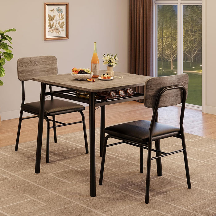 IDEALHOUSE Small Dining Table Set for 2, 3-Piece Dining Set with Storage Rack, Wood Kitchen Table with Upholstered Chairs, Square Table Set with Metal Legs Support, for Dining Room, Living Room, Grey