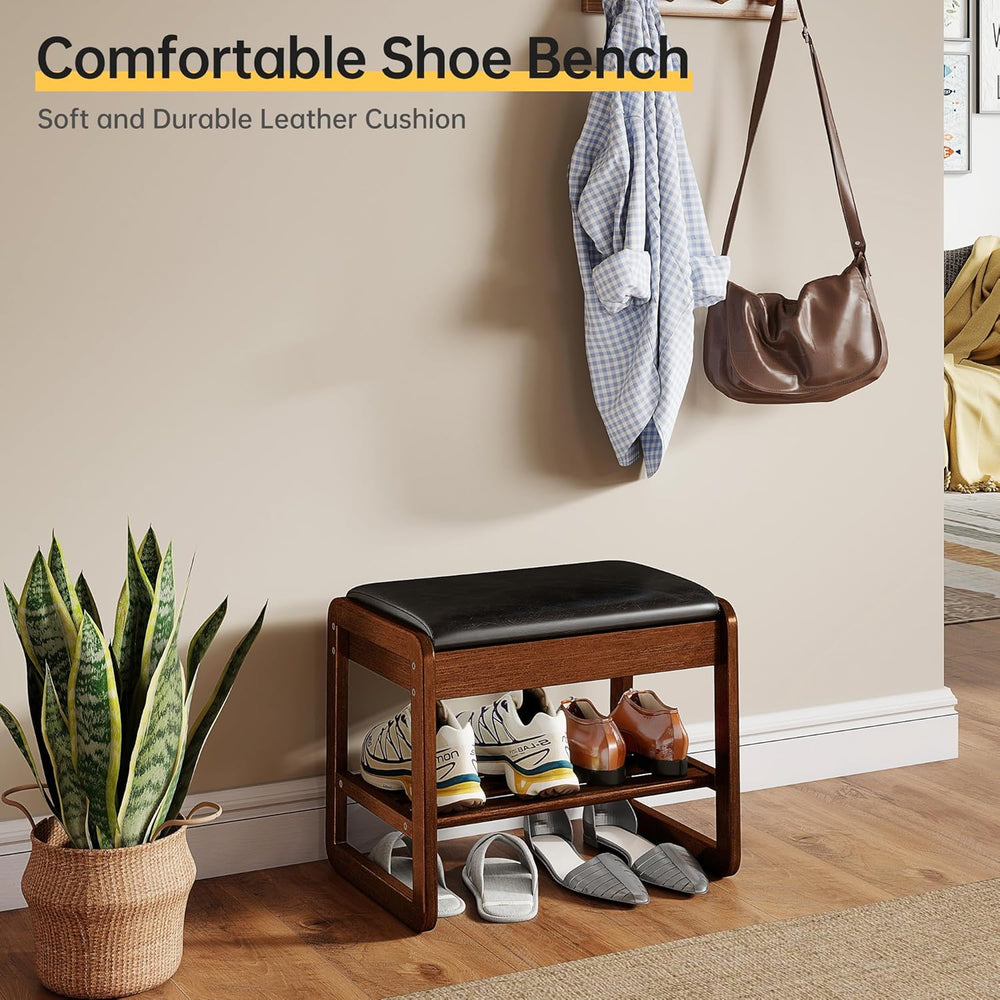Shoe Rack Bench with Flip-Top Storage, Rubberwood 2-Tier Shoe Organizer with ...