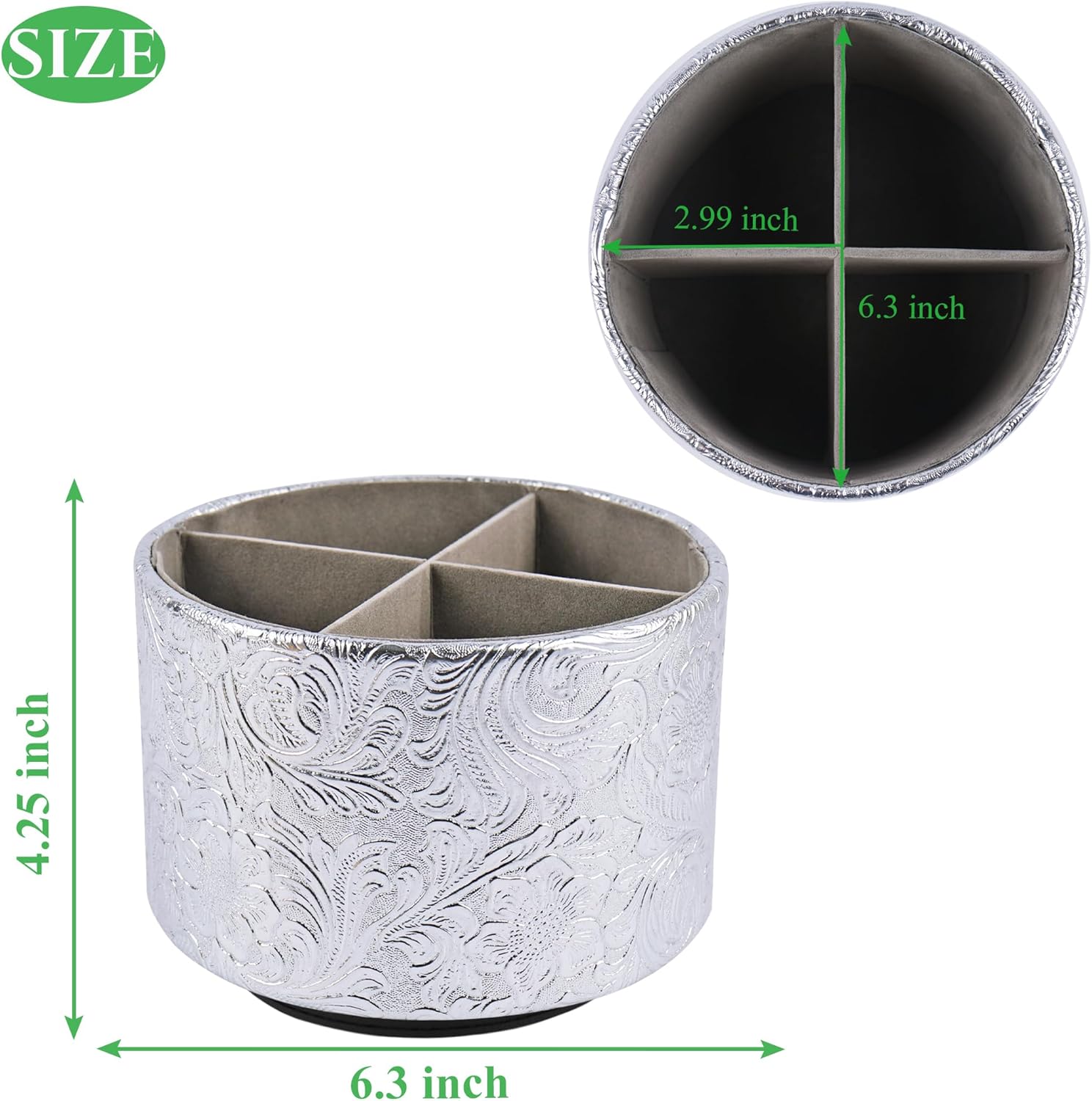 lizimandu Round Leather Art Supply Organizer,Remote Control Holder,360 Degree Spinning,Multi-Functional Pencil Holder,4 Compartments Desktop Stationary Organizer(1-Carved Silver)